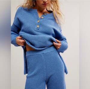 Free People Beach Hailee Waffle Knit Henley & Wide Leg Pants Summer Blue Sweater